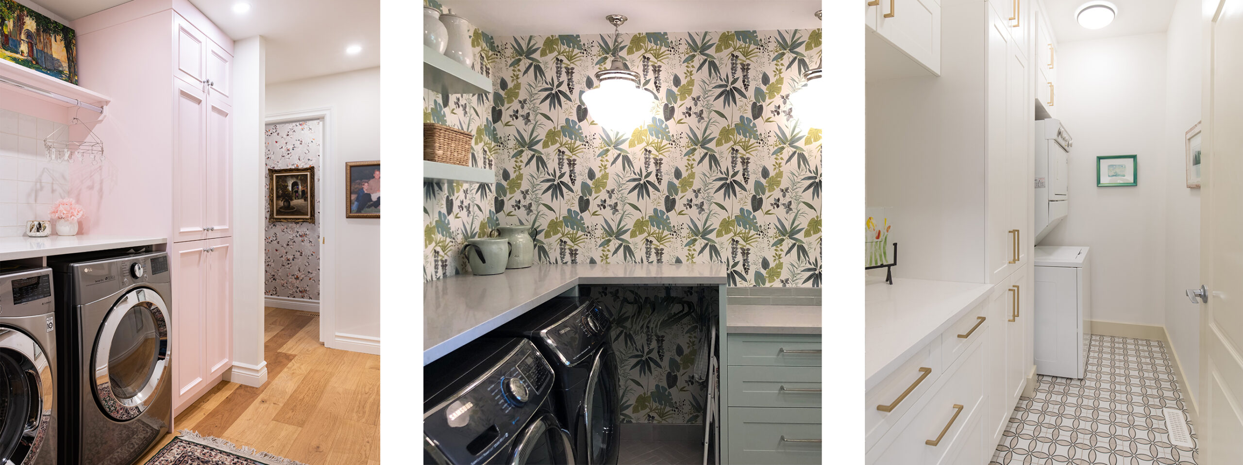 Three unique laundry room design by an interior designer.