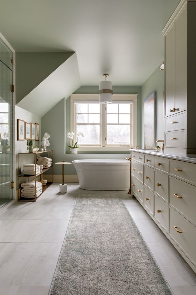 A pretty bathroom with cream window frames, white tile, a light green ceiling and walls, a freestanding bathtub and cream cabinets with gold fixtures.