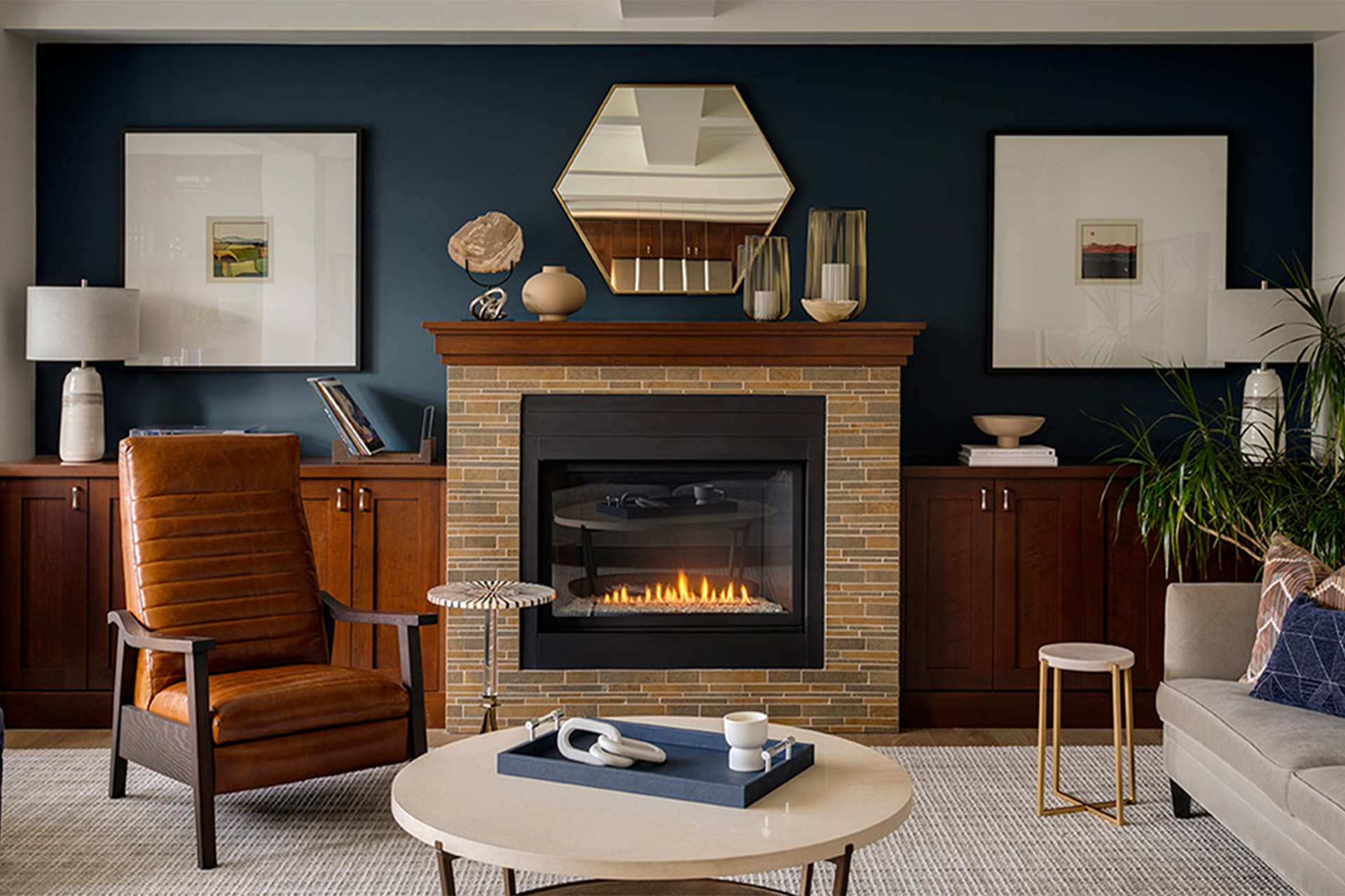 A brick fireplace surrounded by modern decor accents.