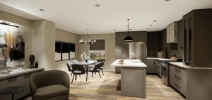 A computer generated realistic 3D rendering of a kitchen and dining space.