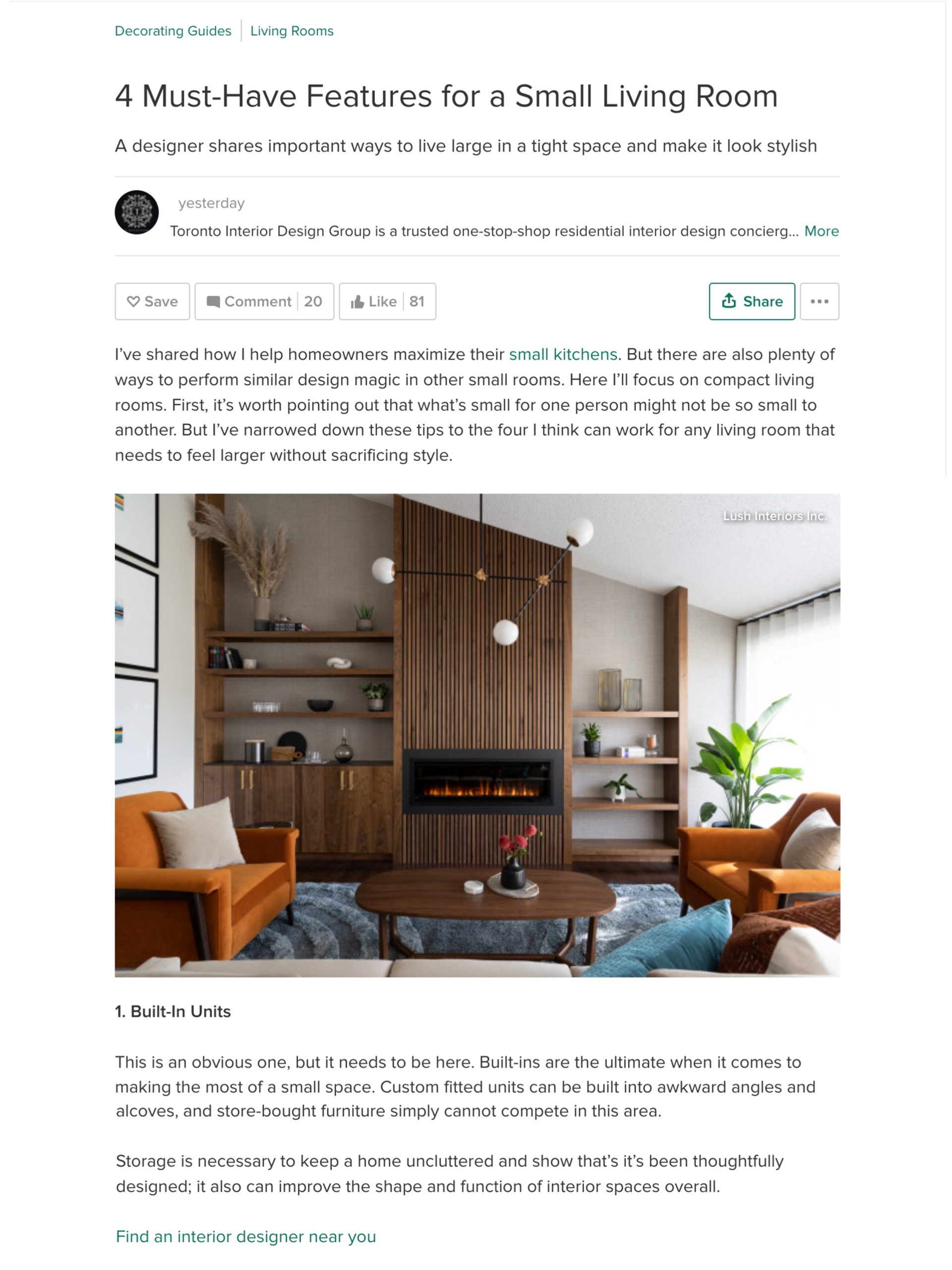 Houzz Article about small living rooms