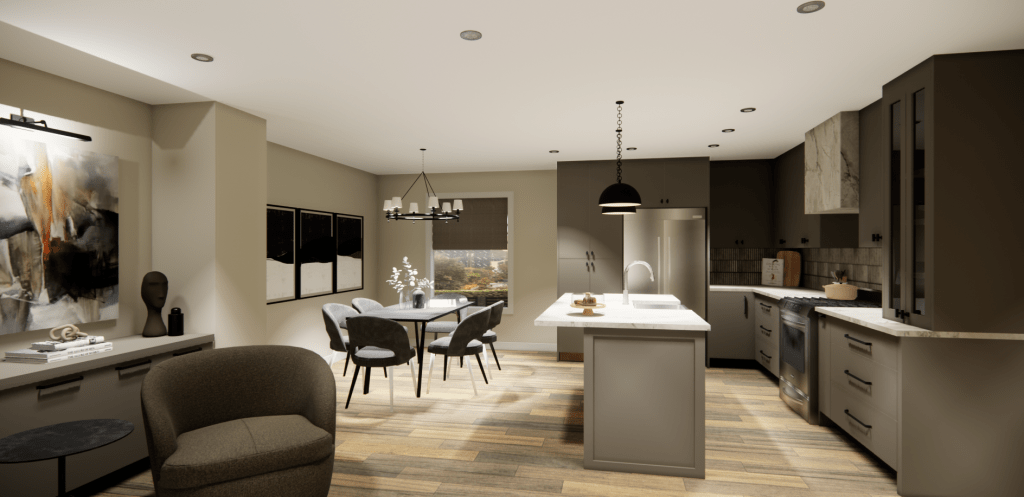 A rendering of a kitchen design.