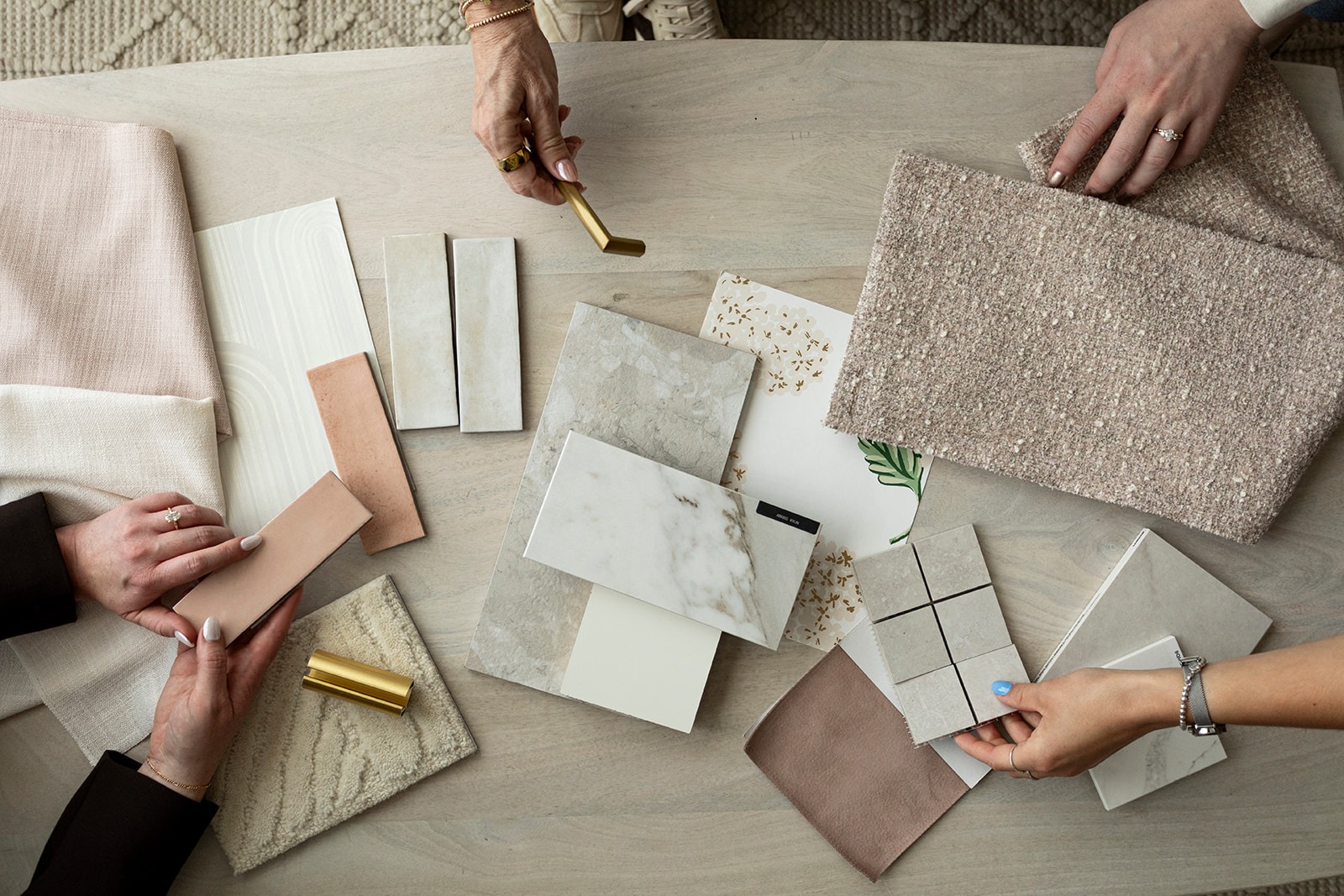 Interior design flat-lay of renovation materials, fabrics, tile etc.