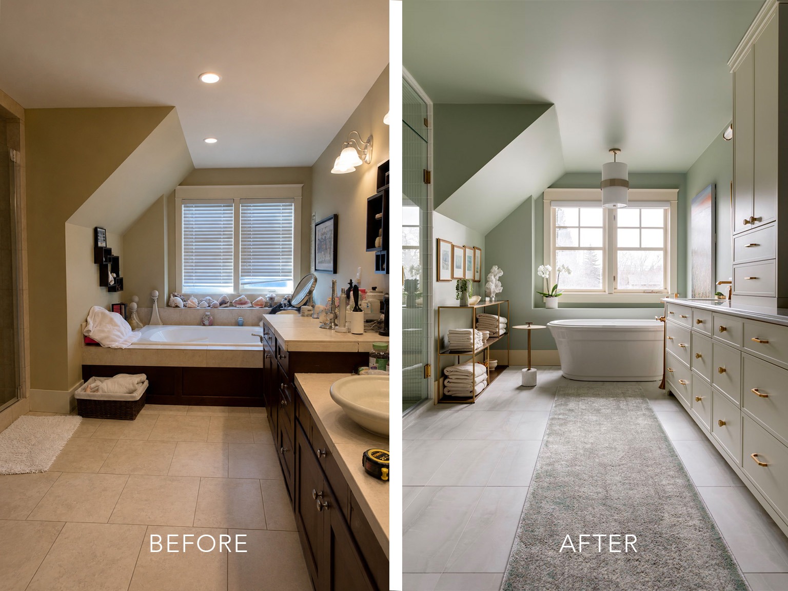 Before and after photographs of a bathroom renovation in Elbow Park, Calgary, AB.