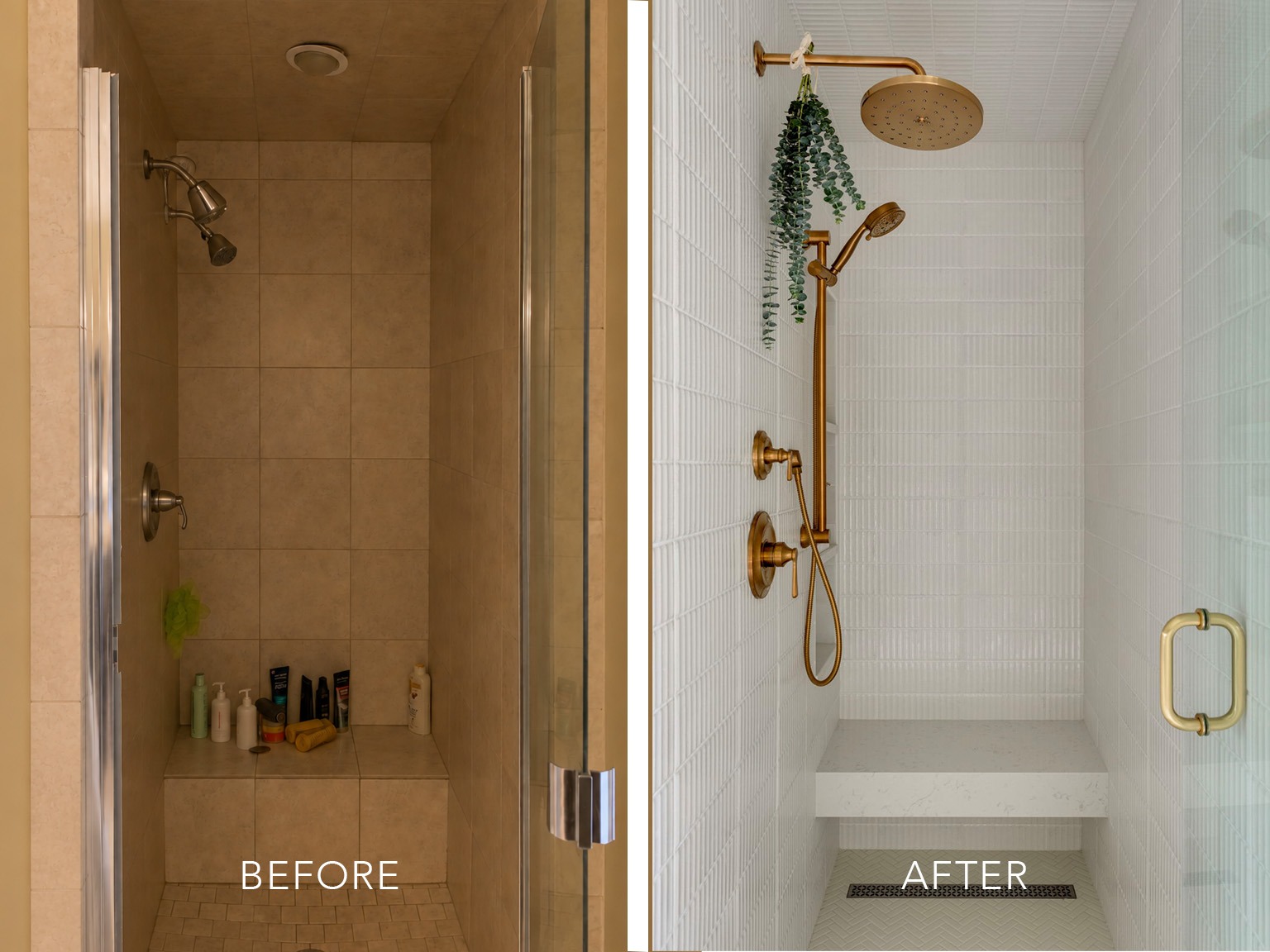 Before and after photographs of a shower renovation in Calgary, AB.