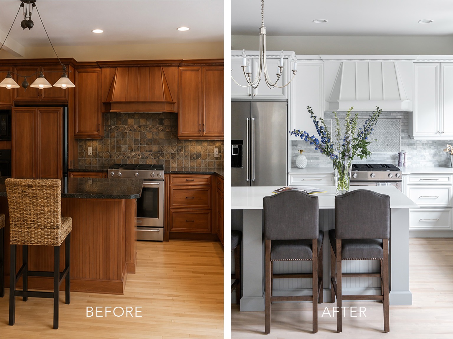 Before and after photographs of a kitchen renovation in Calgary, AB.