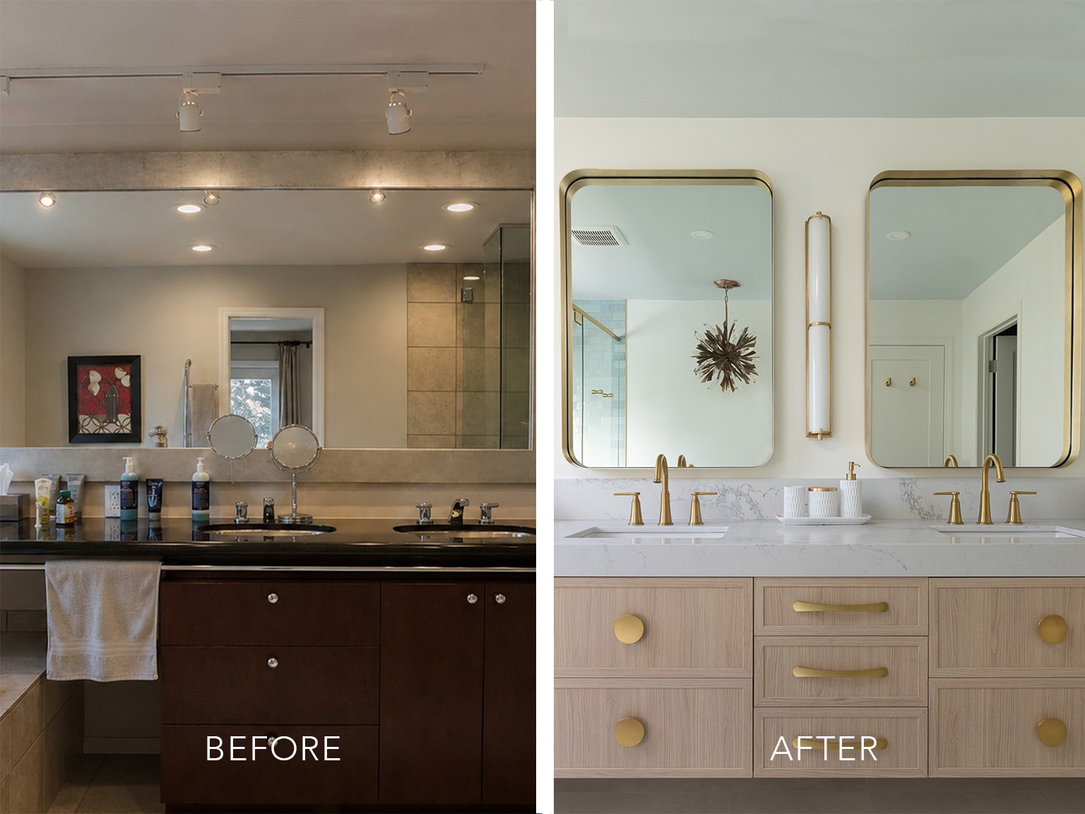 Before and after photographs of a bathroom home renovation in Calgary, AB.