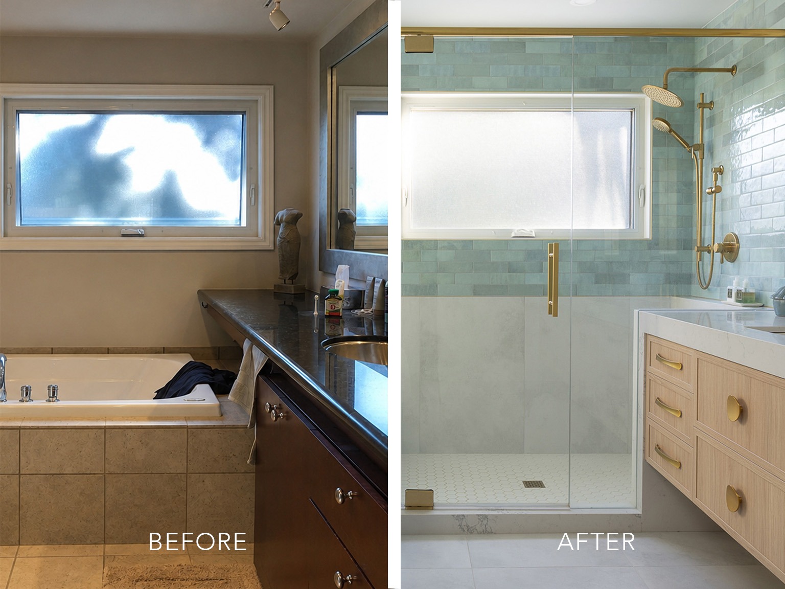 Before and after photographs of a bathroom home renovation in Calgary, AB.