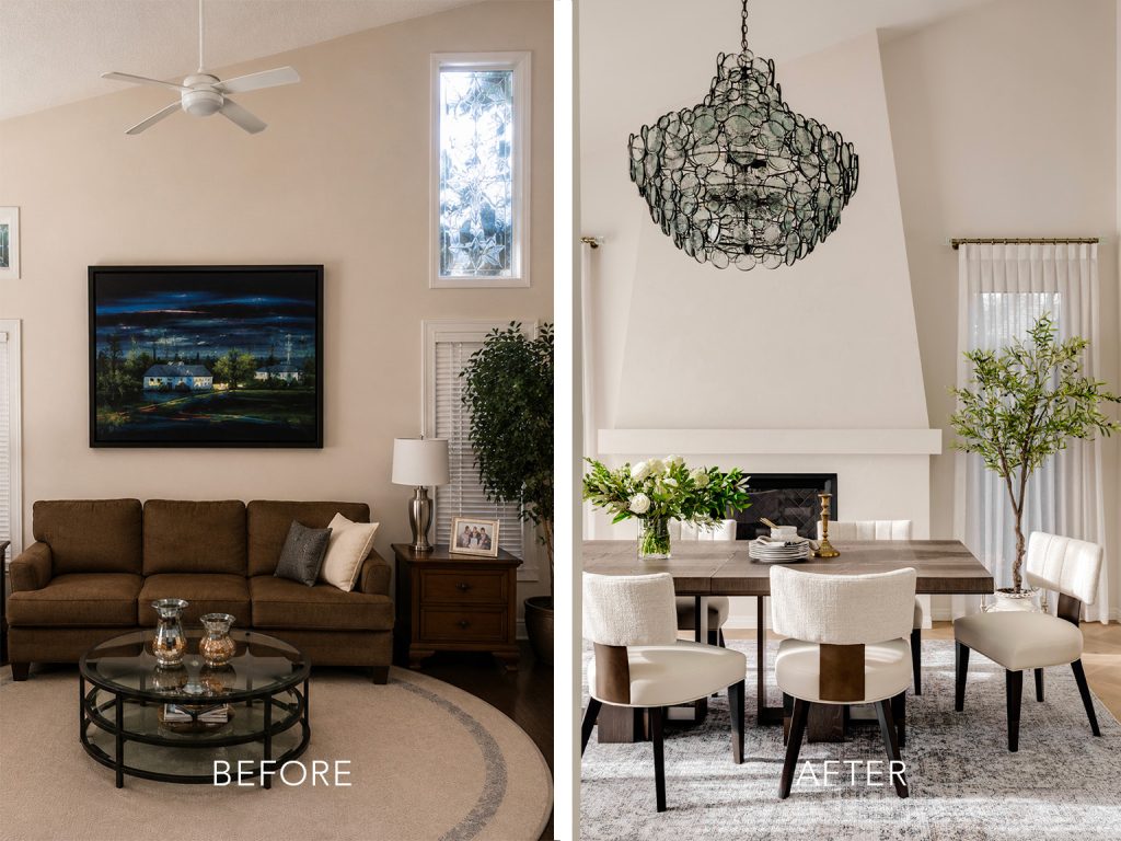 Before and after photographs of a dining room home transformation in Pumphill, Calgary, AB.