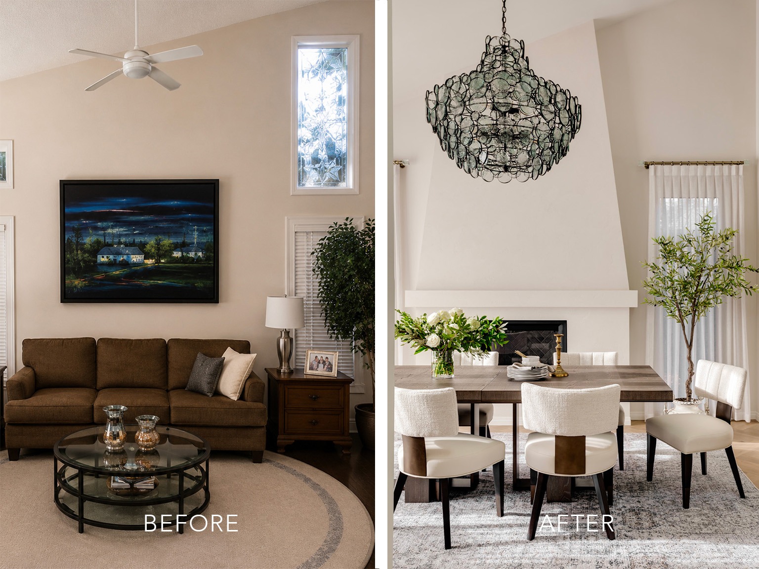 Before and after photographs of a dining room home transformation in Pumphill, Calgary, AB.