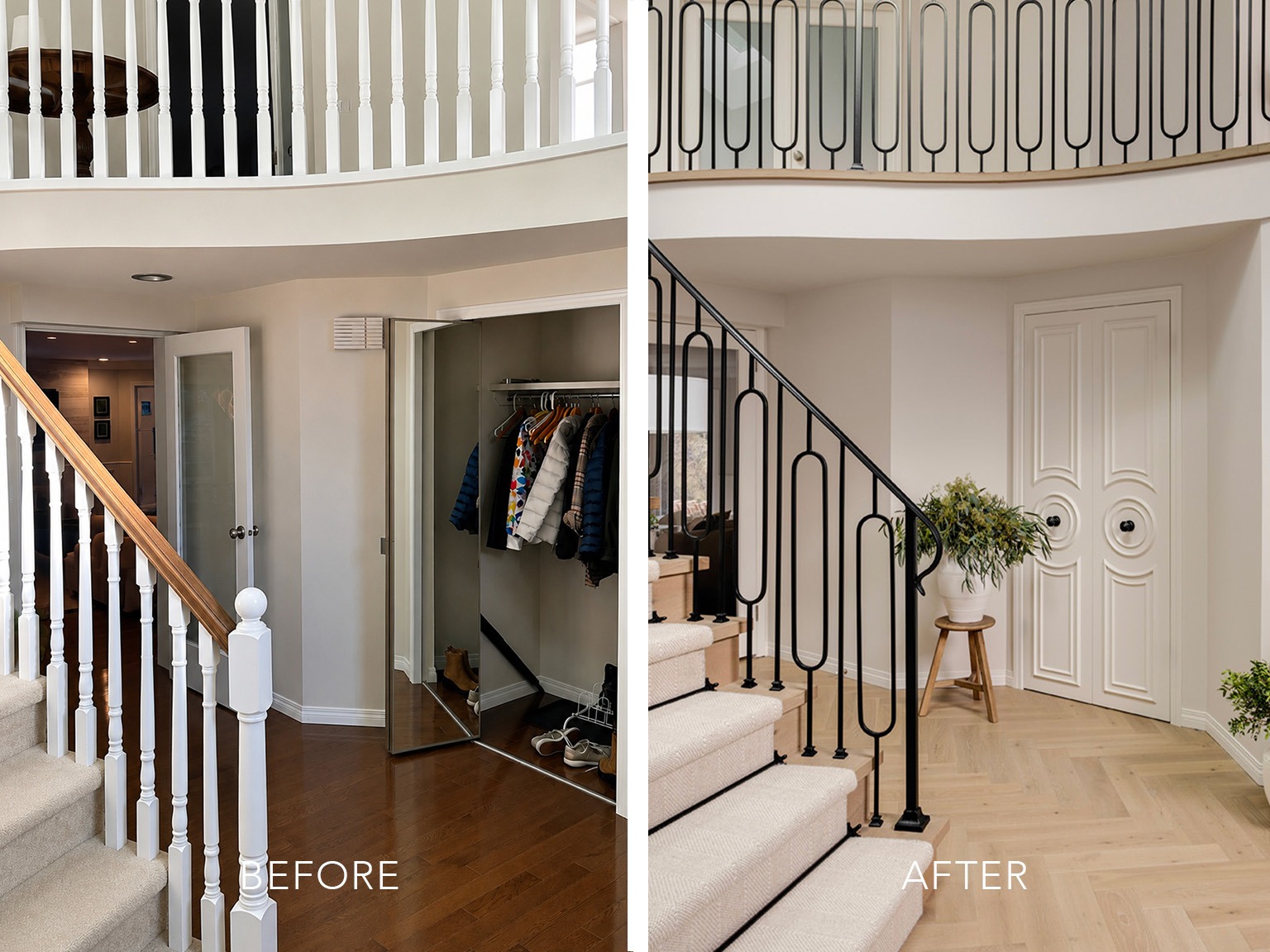 Before and after photographs of a home staircase renovation in Calgary, AB.