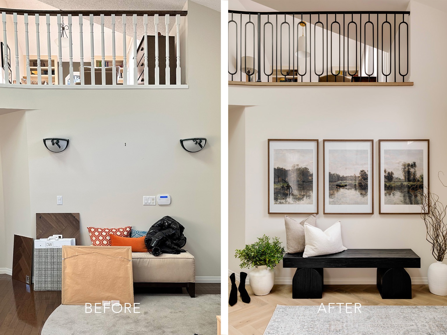 Before and after photographs of a home front entry renovation in Calgary, AB.