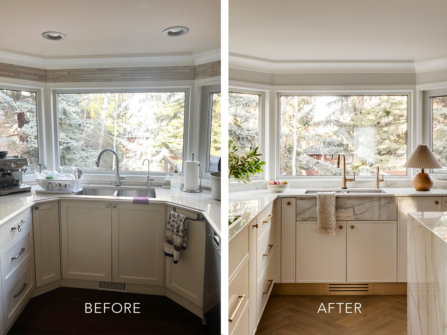 Before and after photographs of a living room home renovation in Pumphill, Calgary, AB.