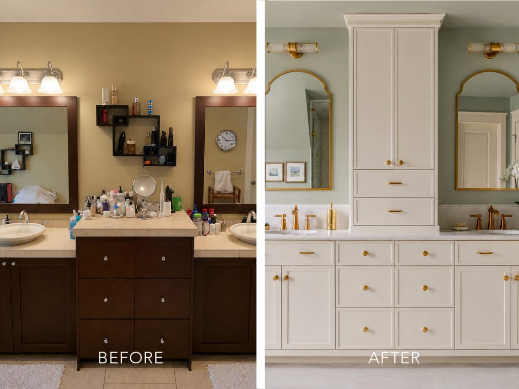Before and after photographs of a bathroom home renovation in Calgary, AB.