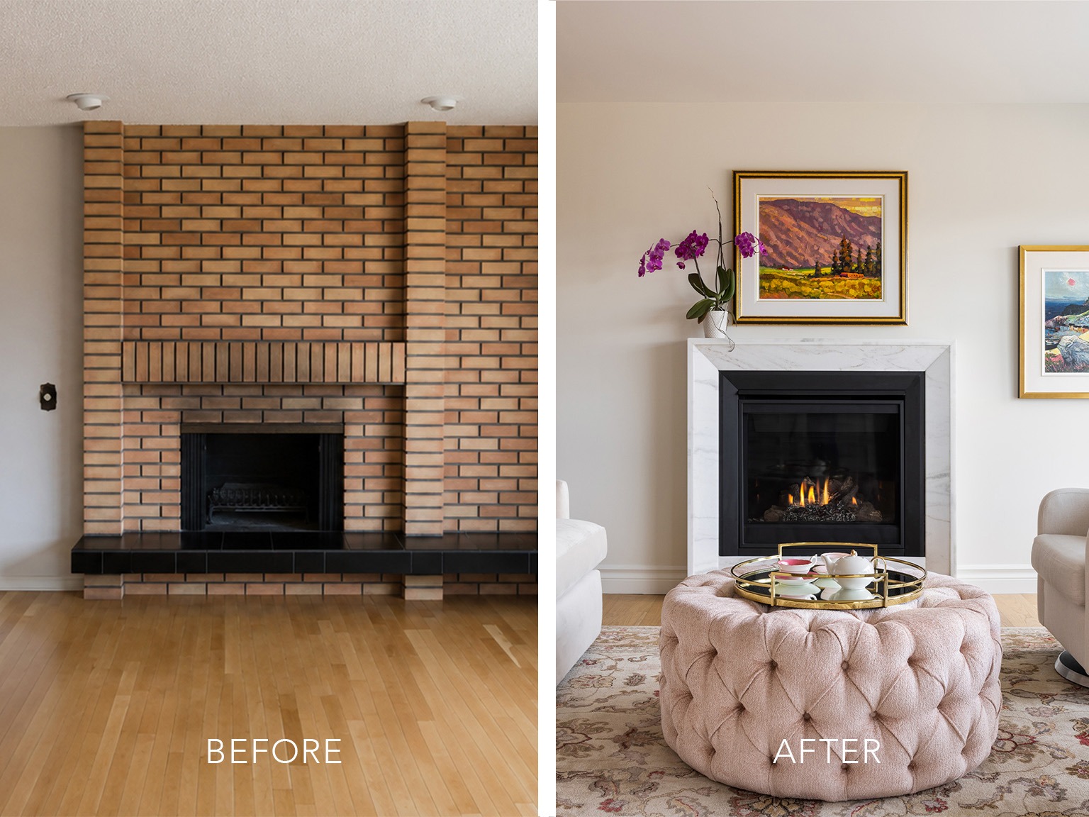 Before and after photographs of a living room home renovation in Varsity, Calgary, AB.