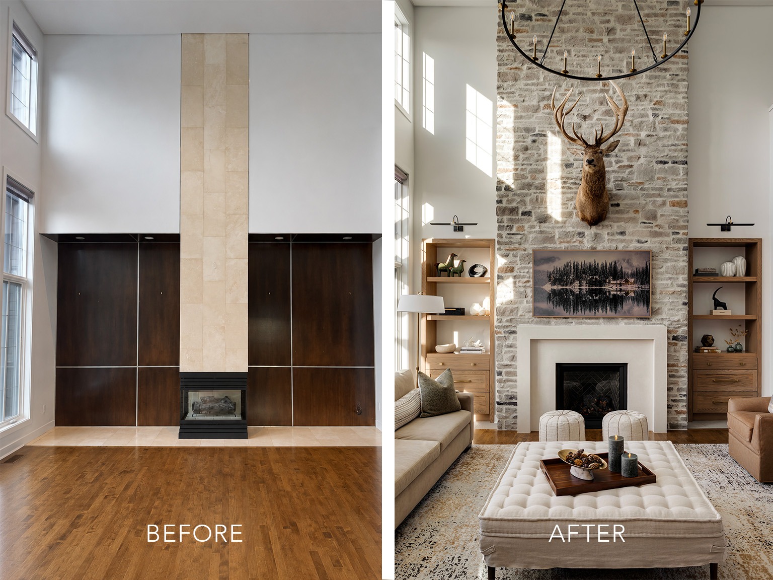 Before and after photographs of a living room home renovation in Calgary, AB.